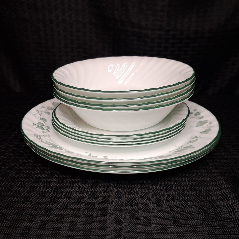 Set Of 11 Corelle Callaway Green Ivy Swirl Dark Green Rim Dinner Salad & Bowls